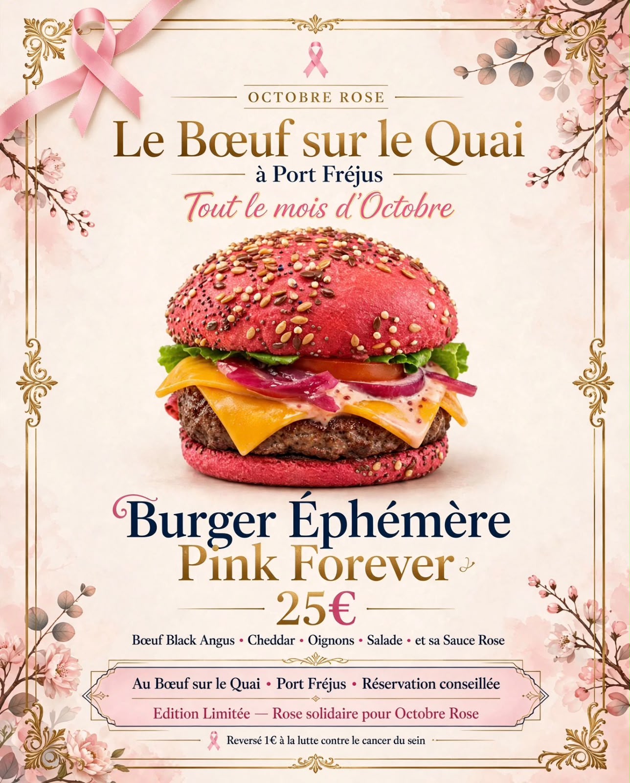 Octobre Rose au Bœuf sur le Quai à Port Fréjus : Burger Éphémère Pink Forever à 25 €, tout le mois d'octobre, 1 € reversé à la lutte contre le cancer du sein.